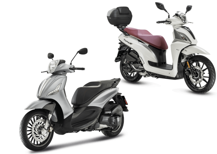 Two stylish scooters ideal for those looking to rent a scooter in Paros and explore the island with ease.
